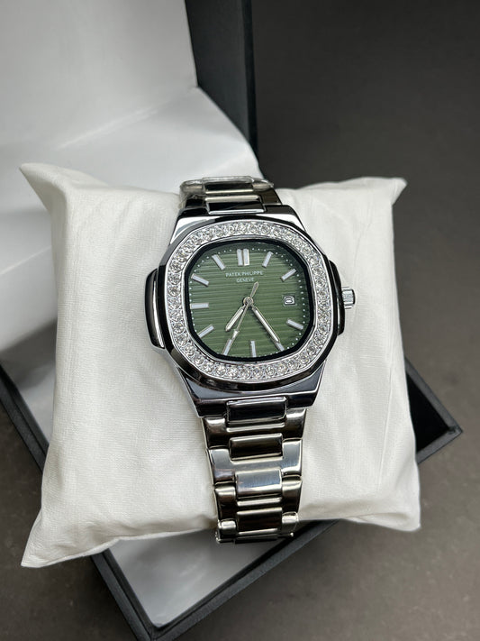 Patek Philippe - Date | Olive Green Dial with Diamond Bezel | Silver Chain