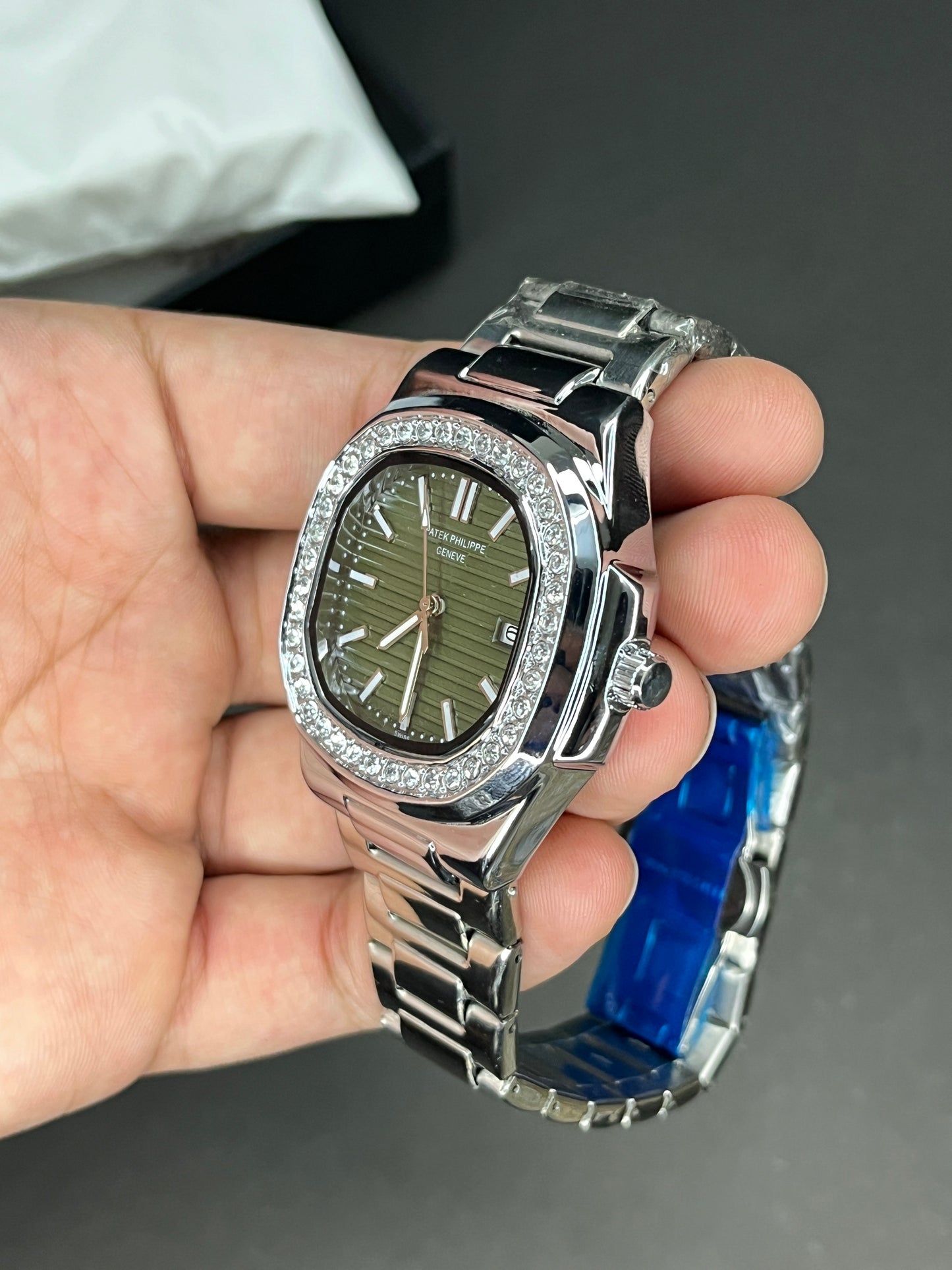 Patek Philippe - Date | Olive Green Dial with Diamond Bezel | Silver Chain