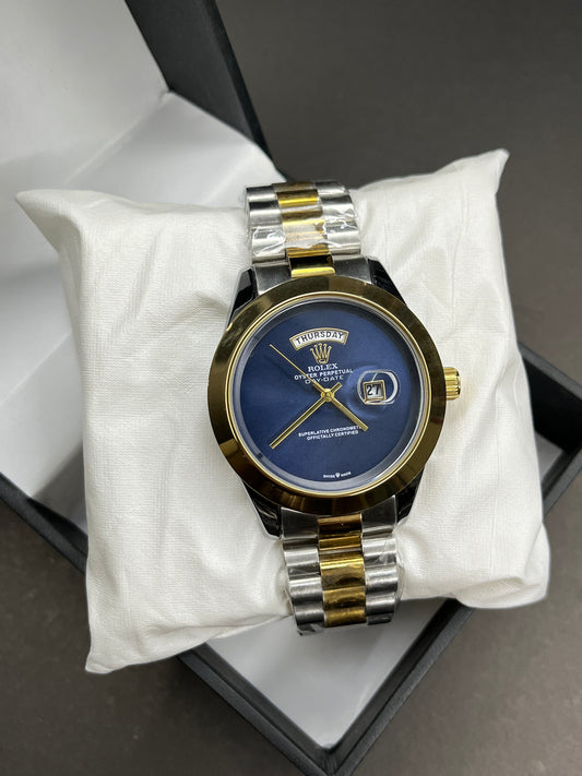 Rolex - Date & Day | Blue Dial | Golden Bezel | Silver and Golden chain (Two Tone)