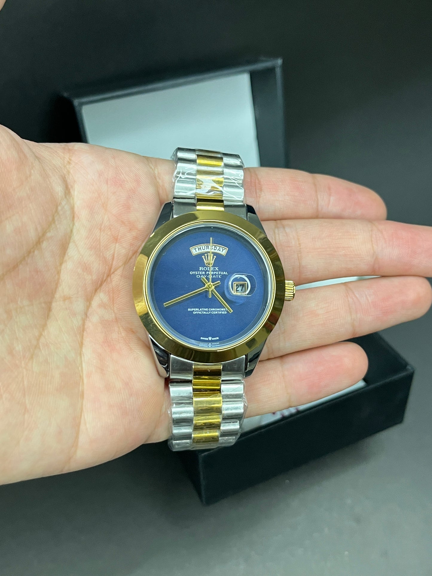 Rolex - Date & Day | Blue Dial | Golden Bezel | Silver and Golden chain (Two Tone)