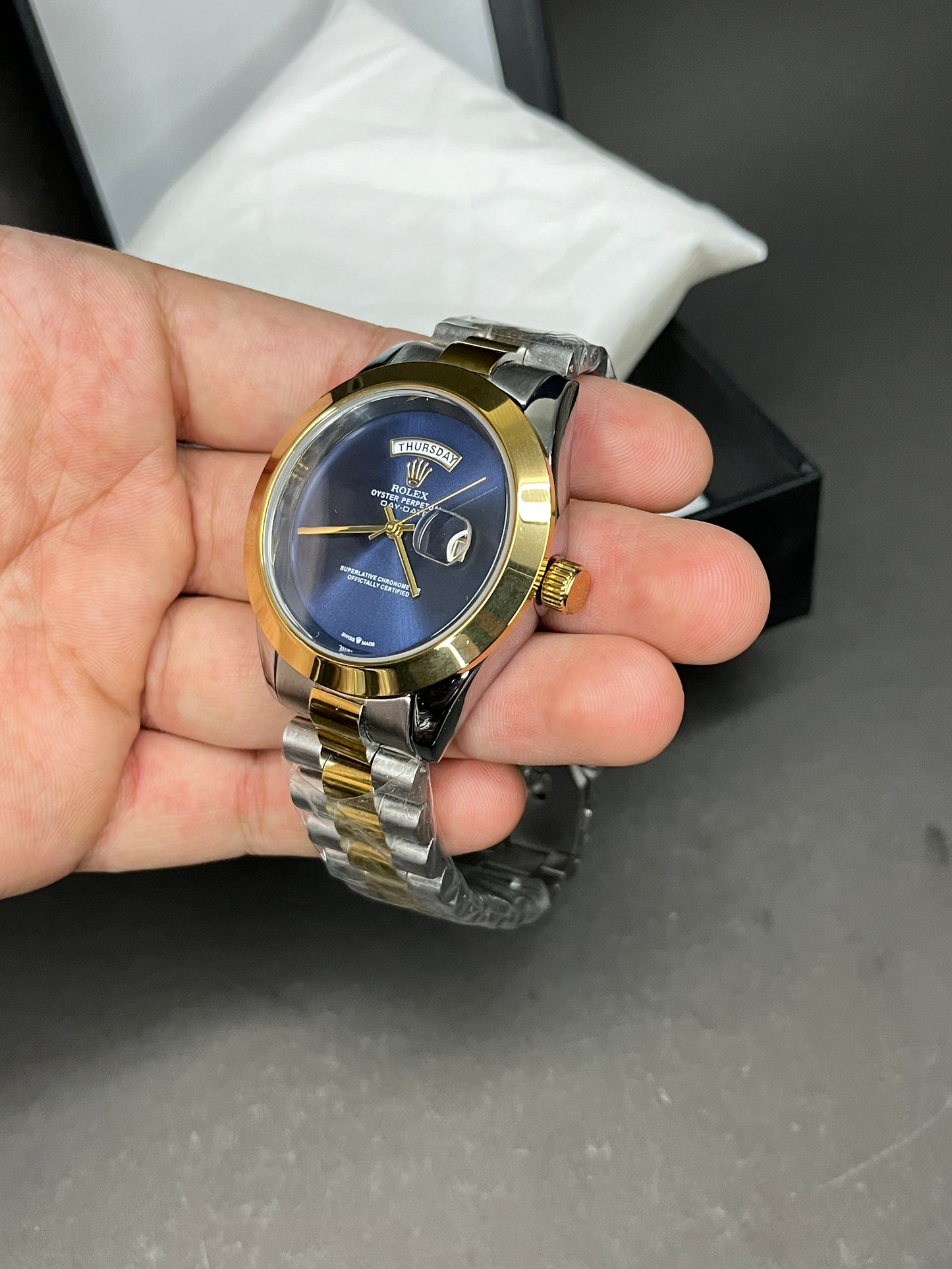 Rolex - Date & Day | Blue Dial | Golden Bezel | Silver and Golden chain (Two Tone)