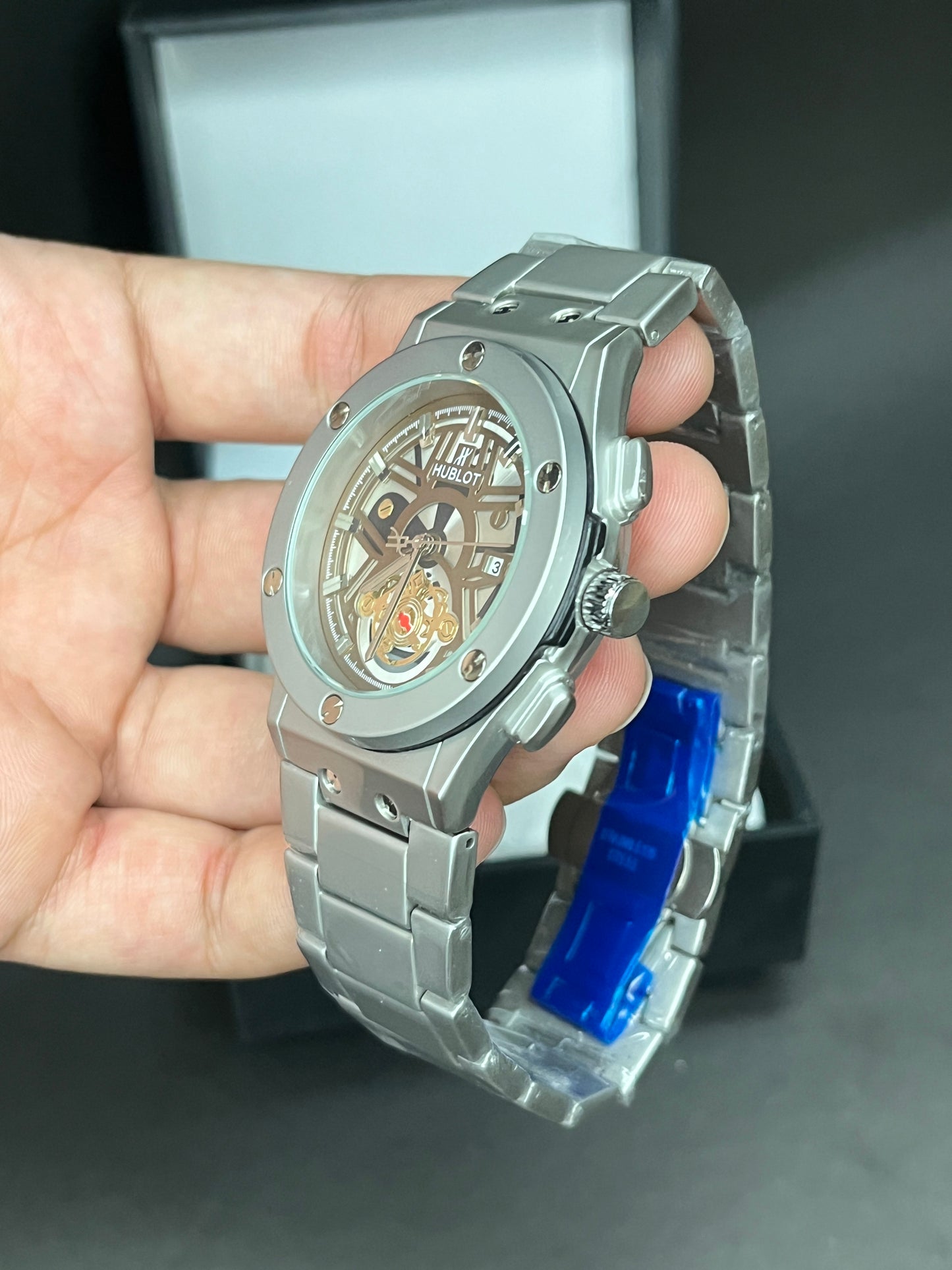 Hublot – Date | Skeleton Dial | Silver Chain